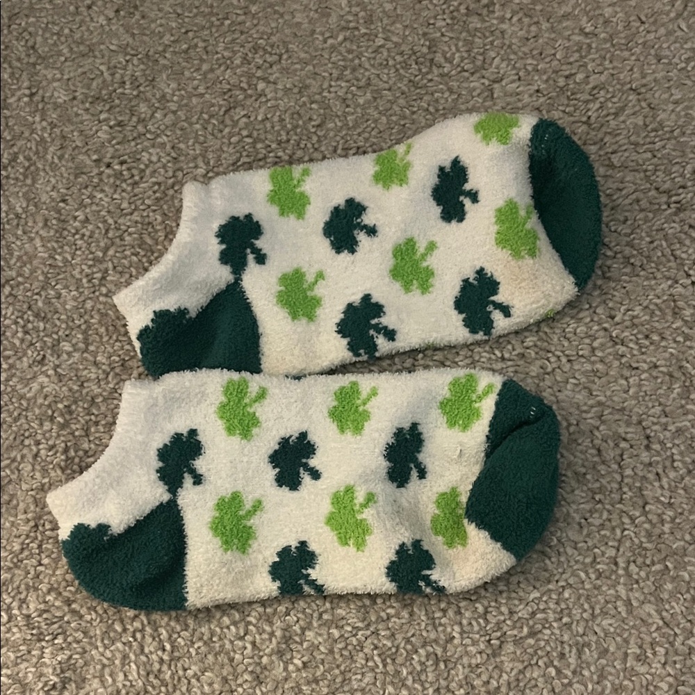 Green and White Patterned Fuzzy Socks